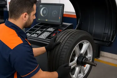 Borracharia em Patos, profissional balanceando rodas de carro com equipamento moderno.