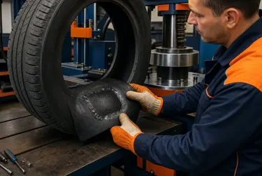Borracharia em Patos, técnico realizando vulcanização de pneu com equipamentos especializados.