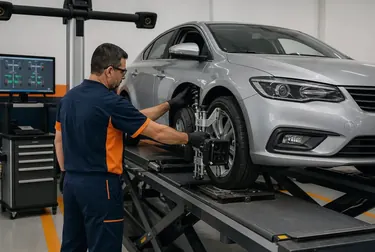 Profissional em Patos fazendo alinhamento de rodas de veículo com equipamento especializado.